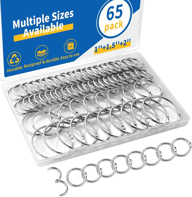 TONOS 65 Pcs Binder Rings Assorted Sizes (1, 1.5 & 2 inch) - Nickel Plated Silver Metal Book Rings for Index Cards, Keychains, Loose Leaf Paper, Heavy Duty Binder Clips - Image 1